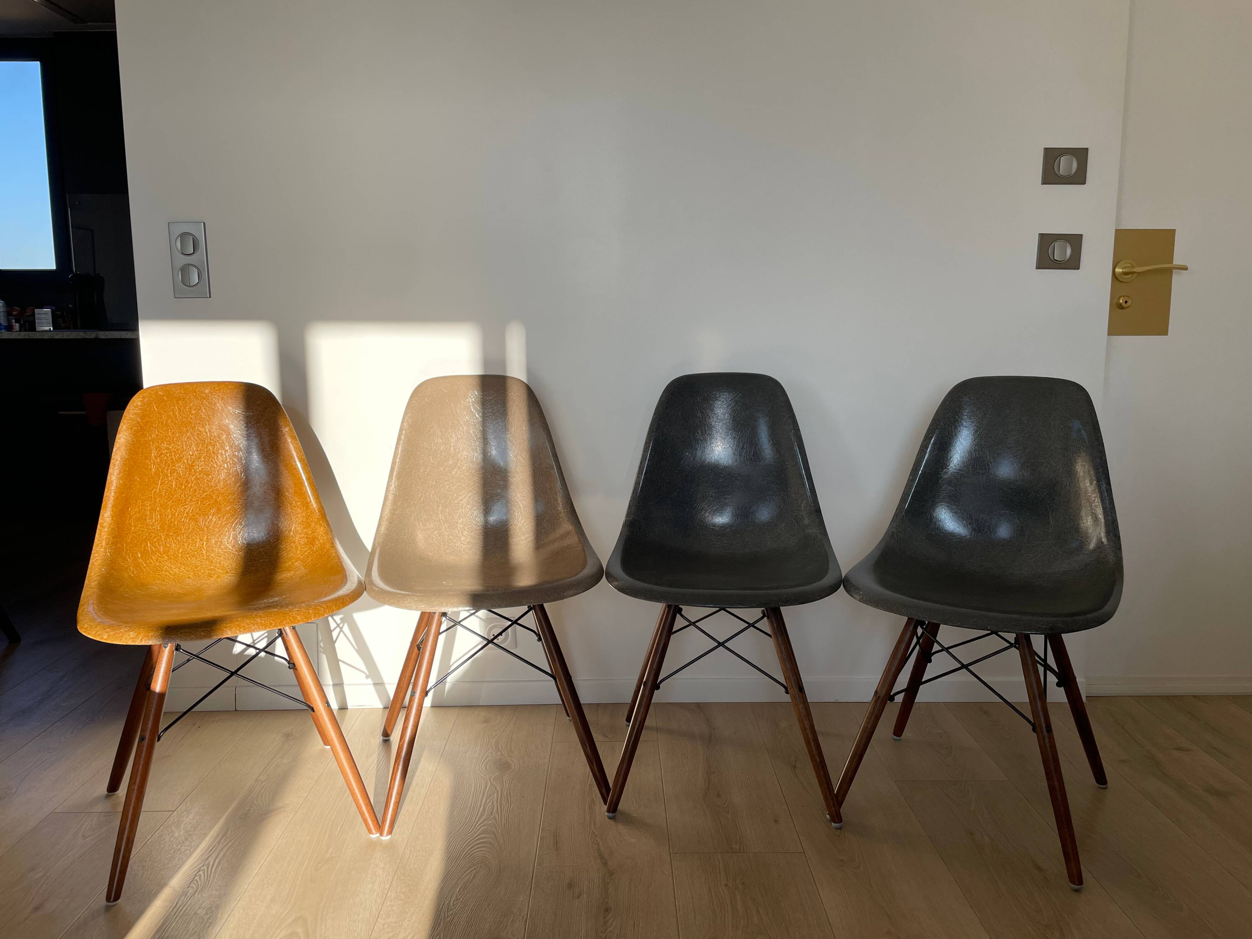 Lot of 6 Eames chairs from the 60s (4 colours) genuine fibreglass + new legs.