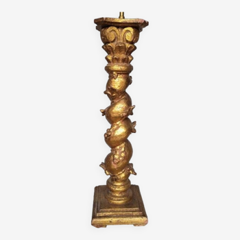Lampe bois sculpté doré feuille d'or colonne torsadé fleuri