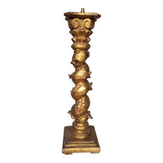 Lampe bois sculpté doré feuille d'or colonne torsadé fleuri