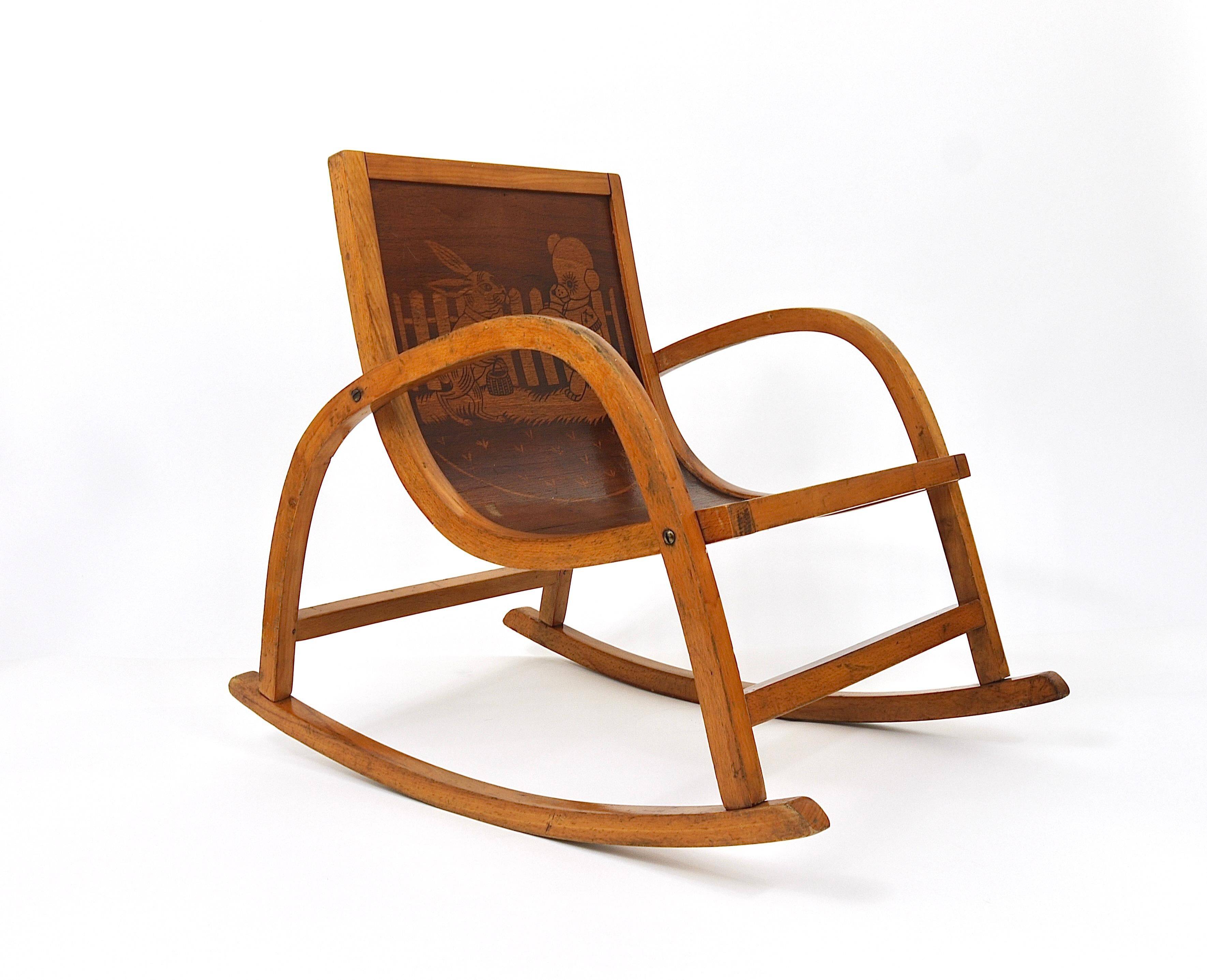 Curved wooden rocking chair for children Bauhaus Brockhage Andrä period, Germany, 1950s