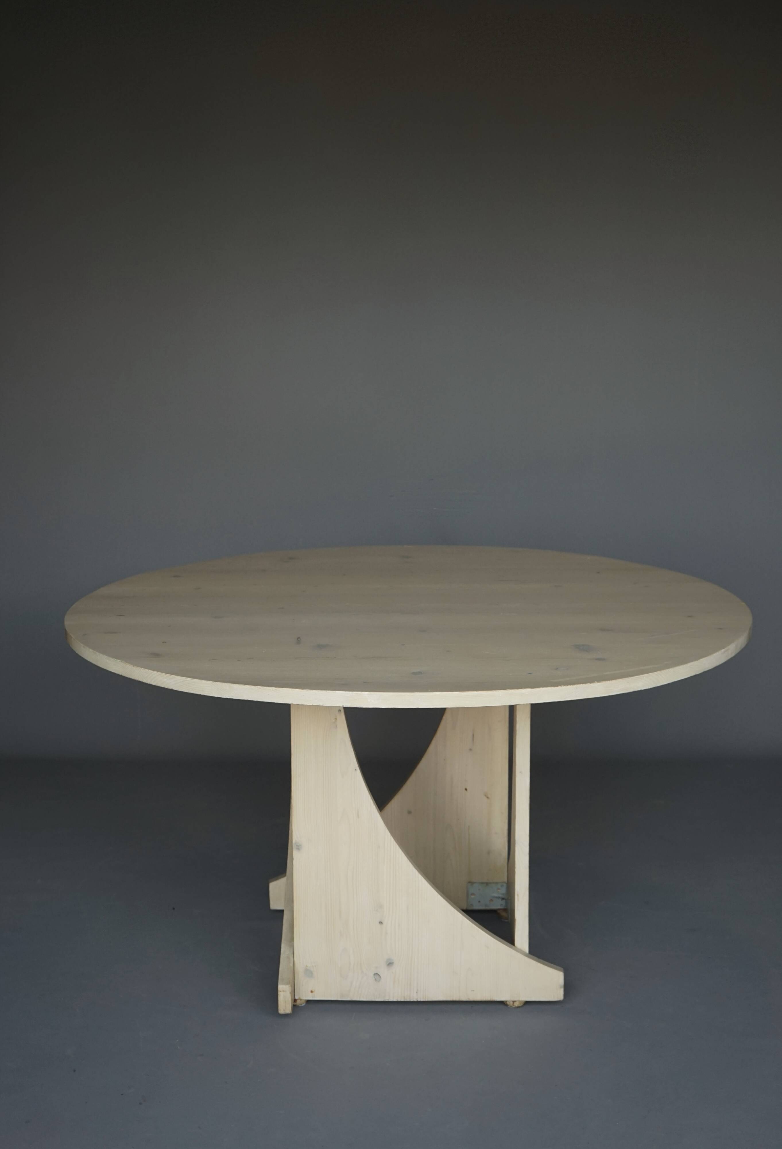 Architectural hand built Dining Table in white washed pine, 1970s