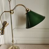 Lampe d'atelier ancienne en  laiton et abat-jour en tôle émaillée