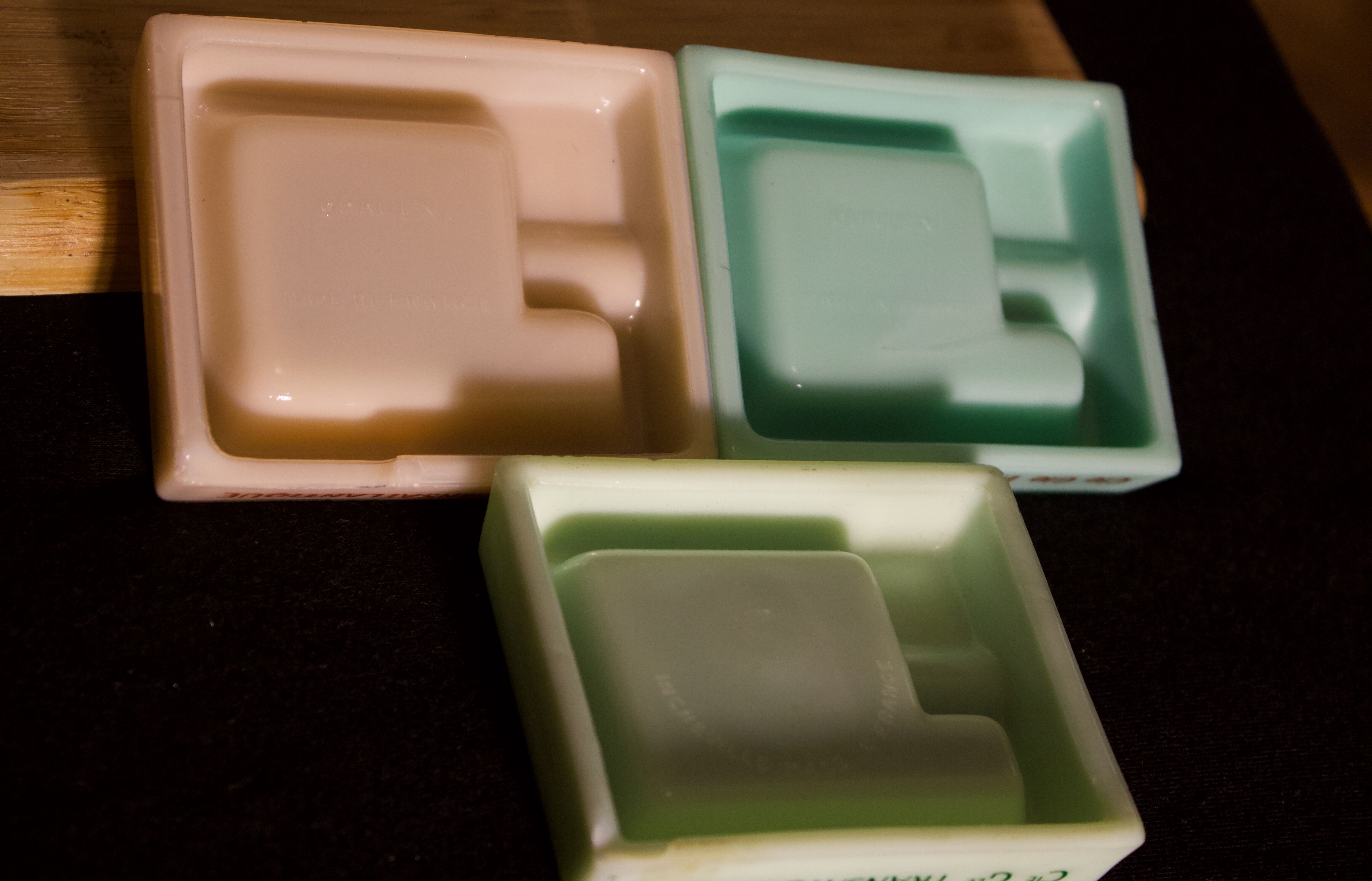 Three opalex ashtrays at the Logo of the Trans-Atlantic General Company - French Line - Model created by Jean Luce for the cruises of the liner Normandy and France