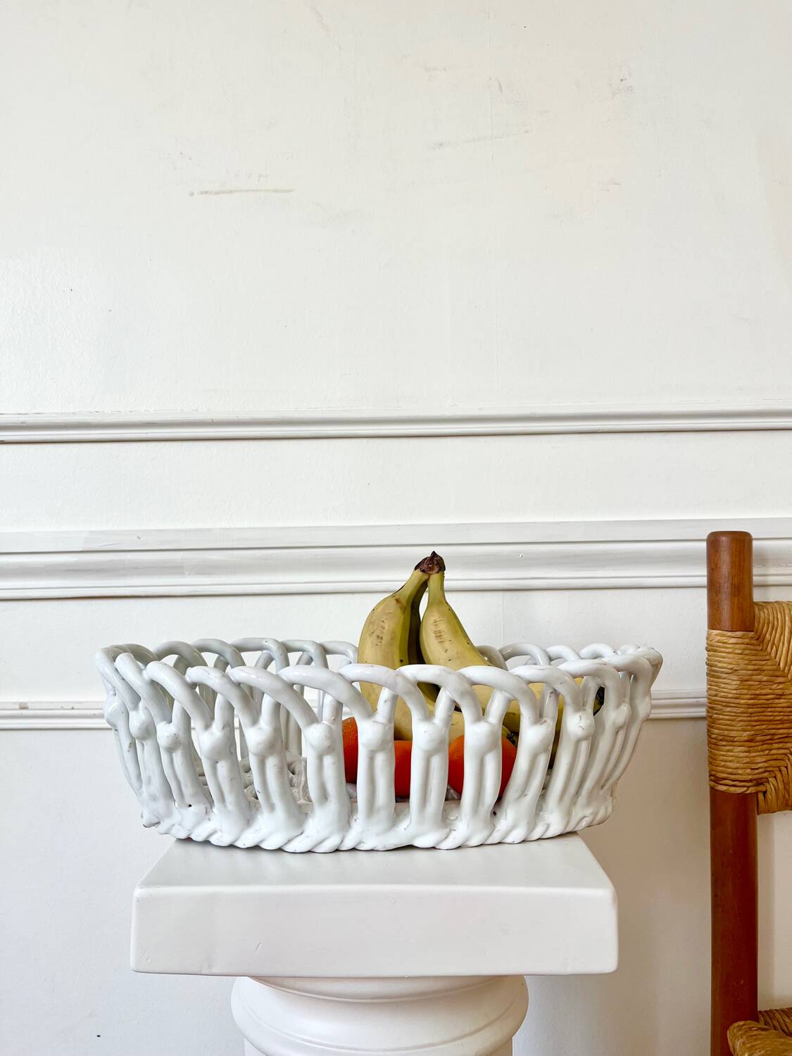 Woven white ceramic fruit bowl