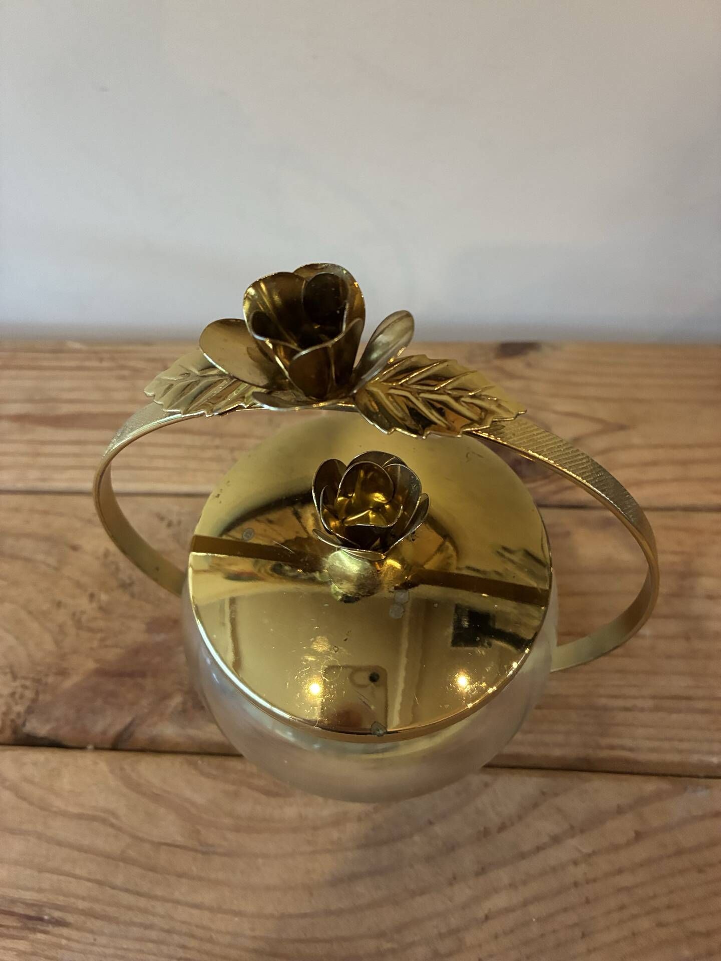 Vintage glass & gilded brass sweet jar / bonbonnière – Rose decor