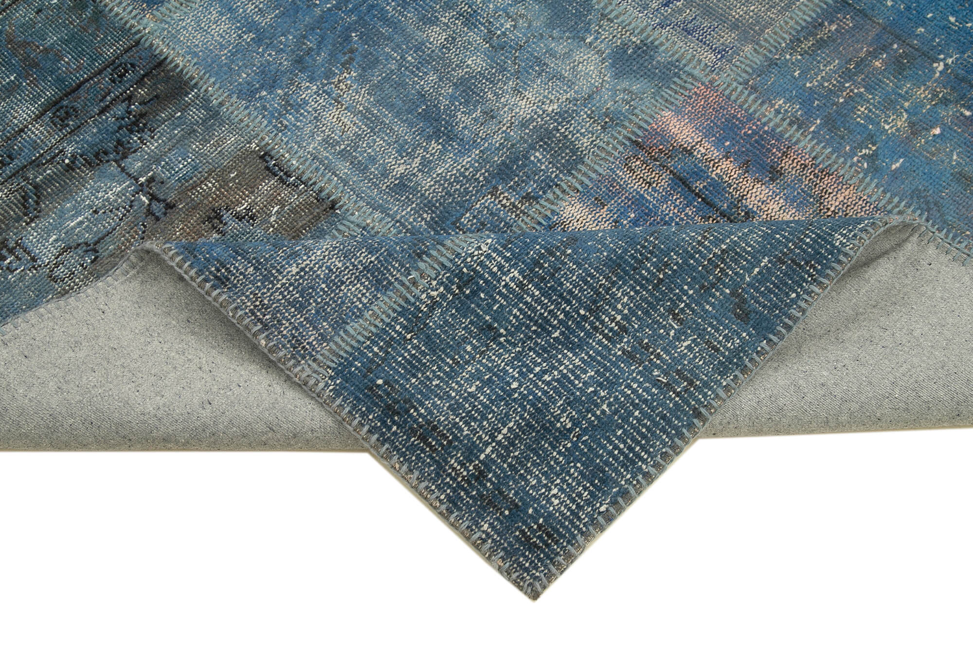 Handmade anatolian overdyed 176 cm x 243 cm blue patchwork carpet