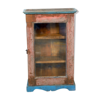 Burmese teak wall shelf with original red - blue patina