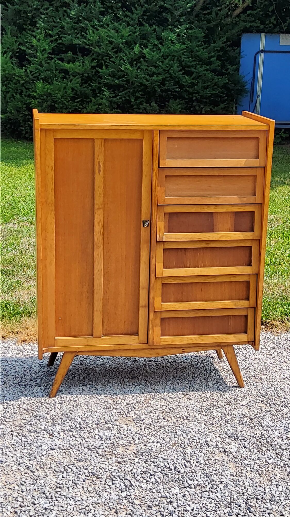 Vintage Golden Blond Oak Chest of drawers Feet Compass 6 Drawers 1 Door 50s
