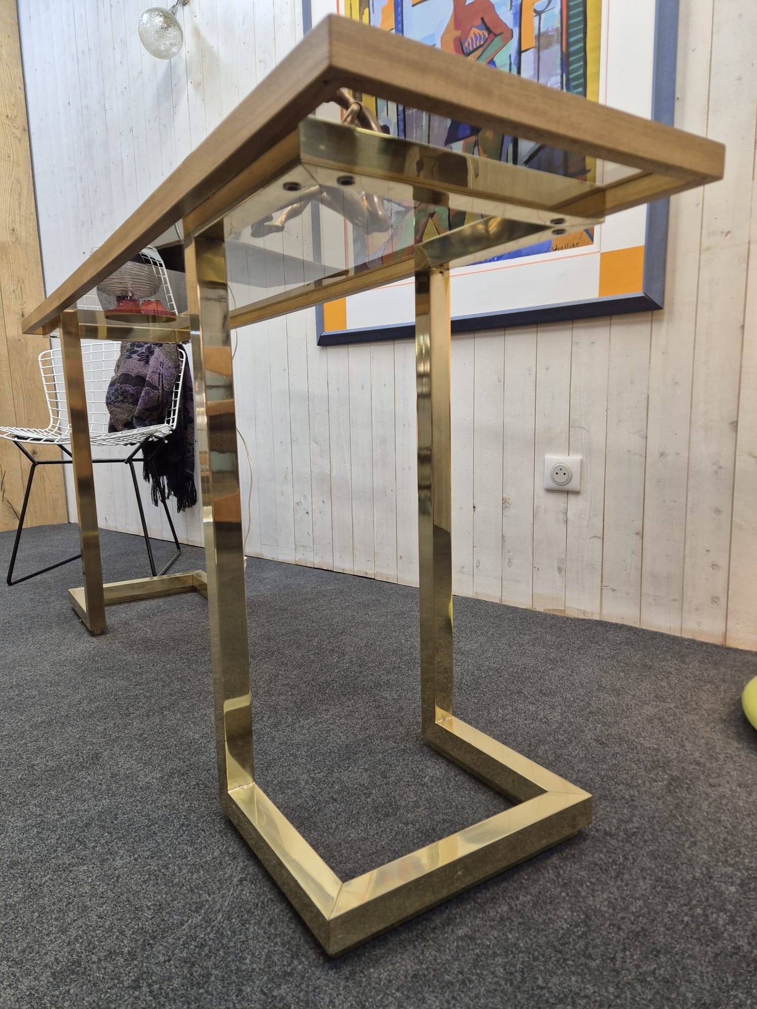 Vintage brass and smoked glass console.