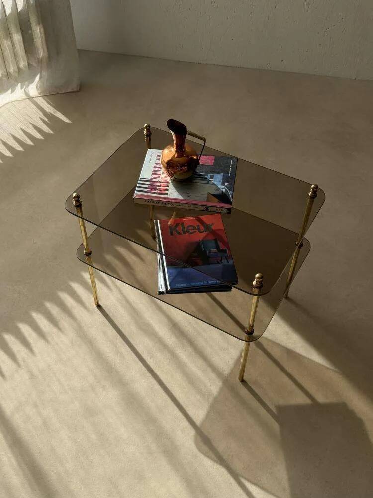 Vintage brass side table with smoked glass, 1970s