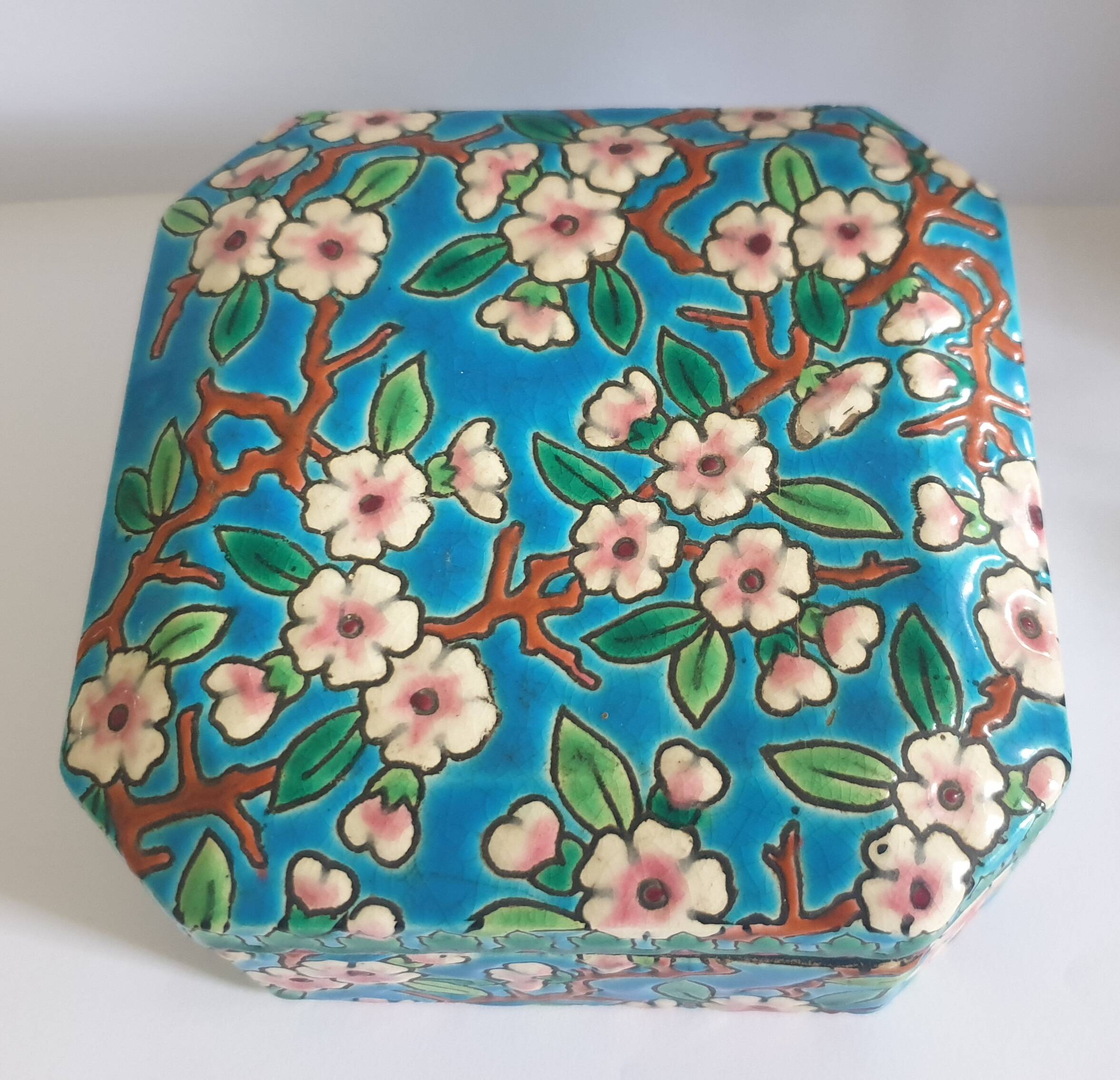 Longwy Enamels Cut Corner Bonbonnière Box with Floral Decoration