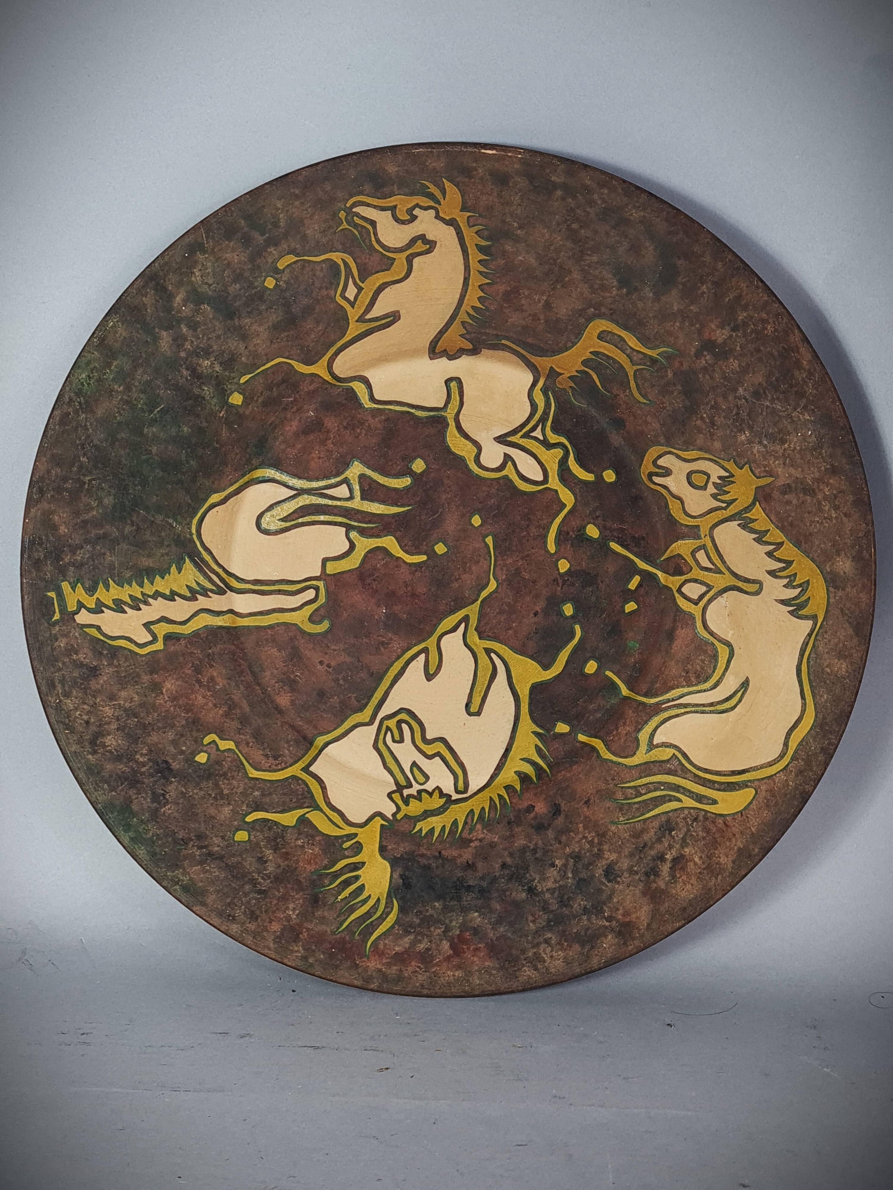Biot: large ceramic dish painted with horses vintage 50s-60s 39.5 cm C036
