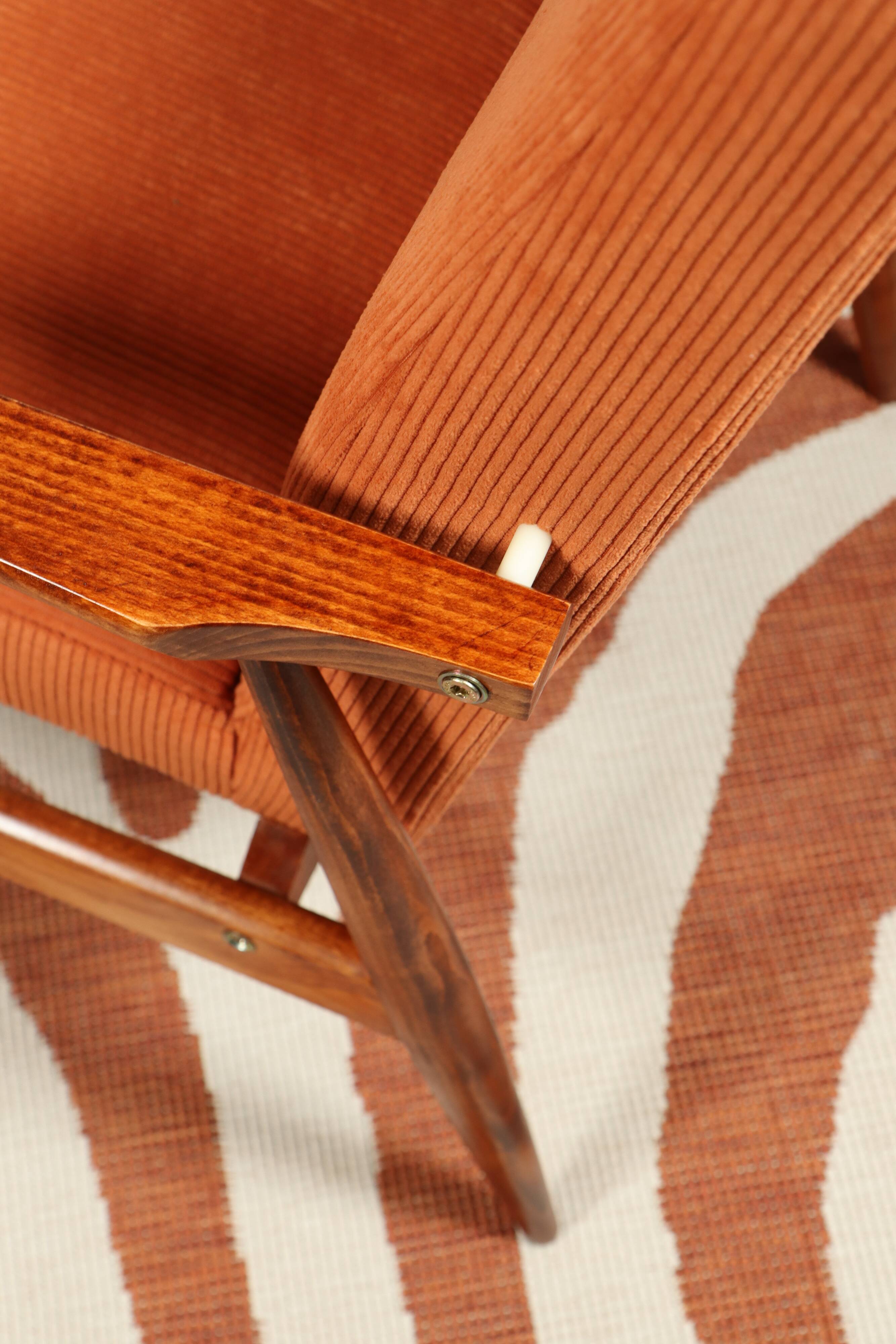 Vintage armchair orange burt corduroy upholstery , Henryk Lis, 1960, Poland