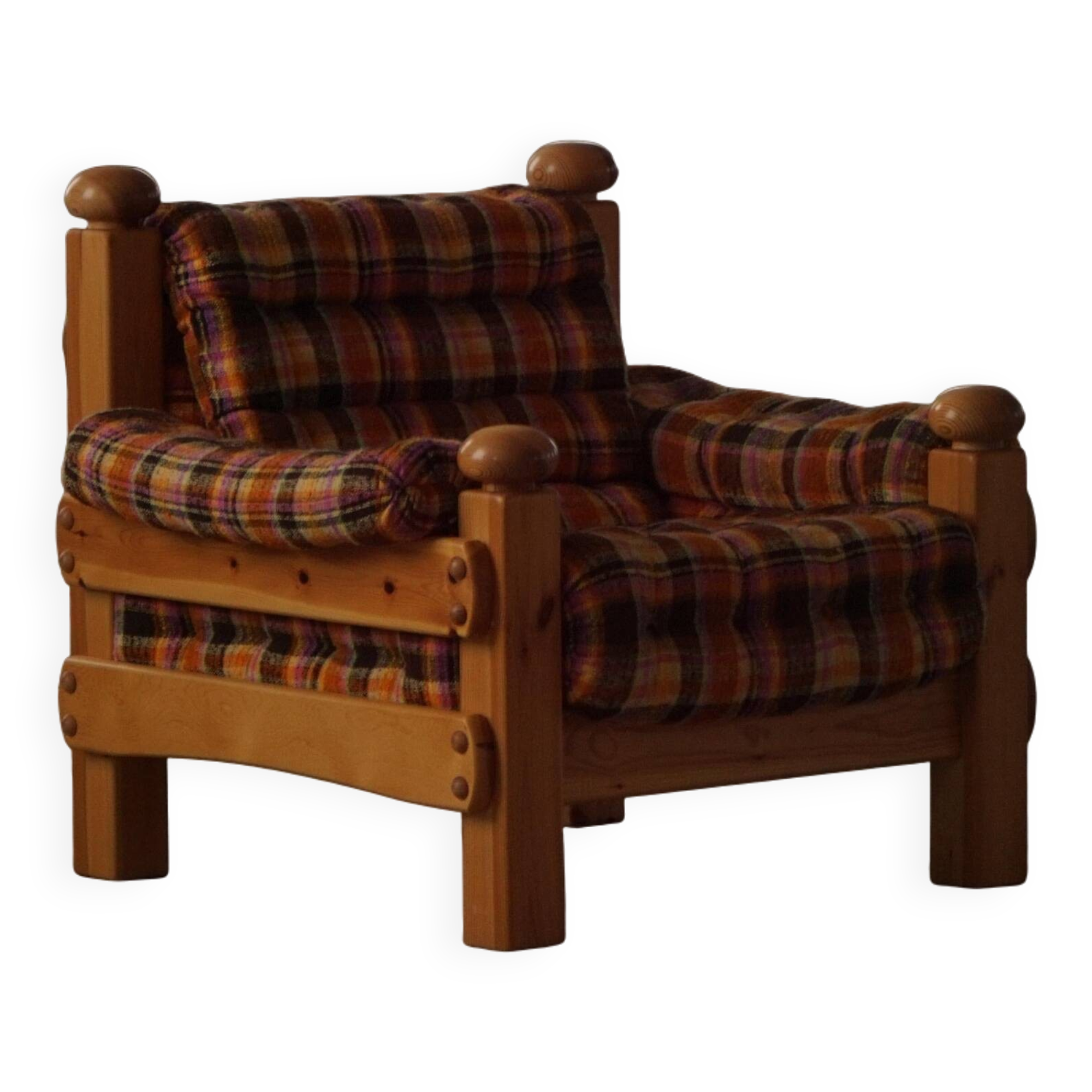 Brutalist lounge chair in solid pine, Swedish modern, made in the 1970s.