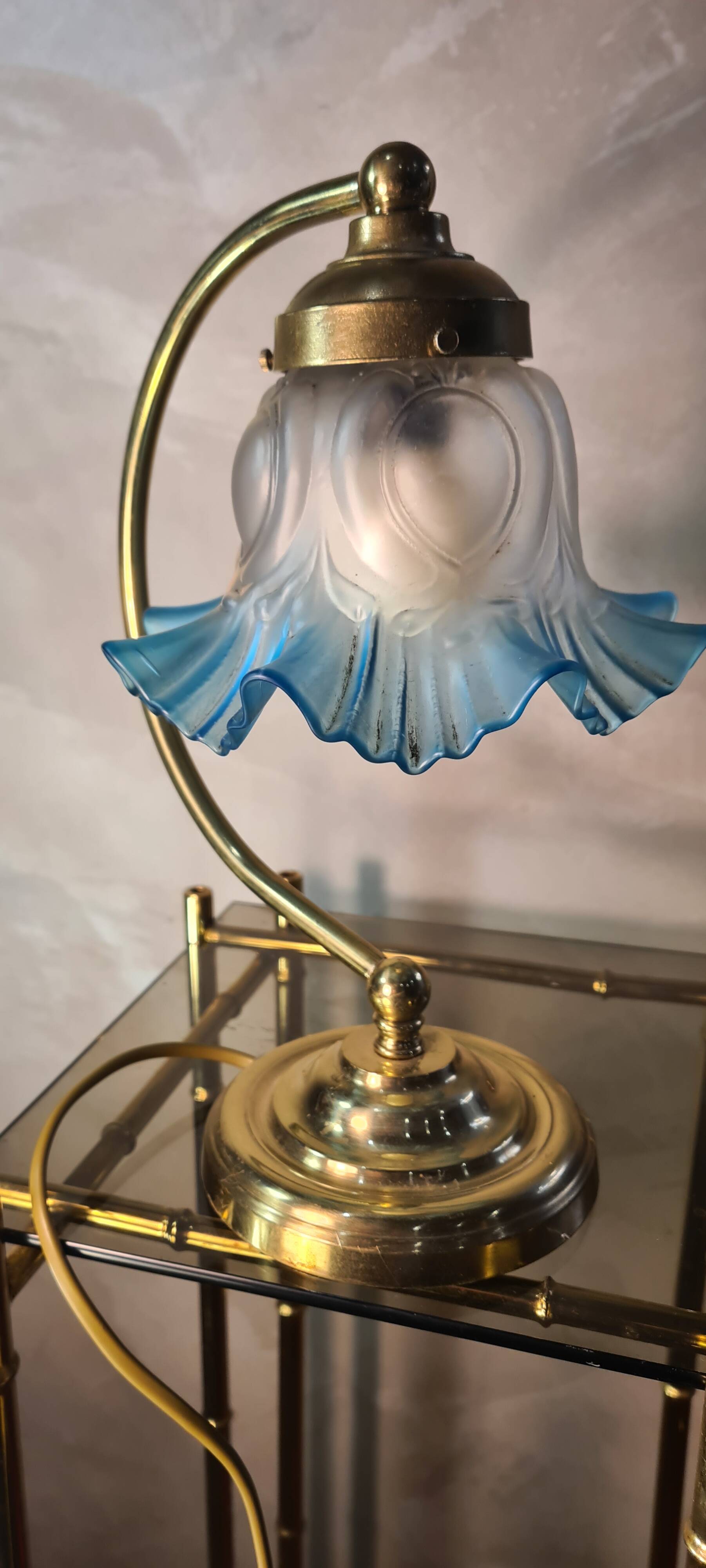 small brass lamp 29x20 pretty tulip lace glass elec ok