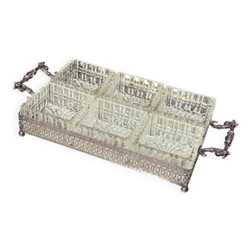 Silver-Plated Tray with Six Cut Glass Dishes, Vintage Entertaining Set