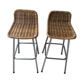 Set of 2 vintage rattan bar stools by Dirk Van  Sliedregt for Rohe Noordwolde. 1960-70s