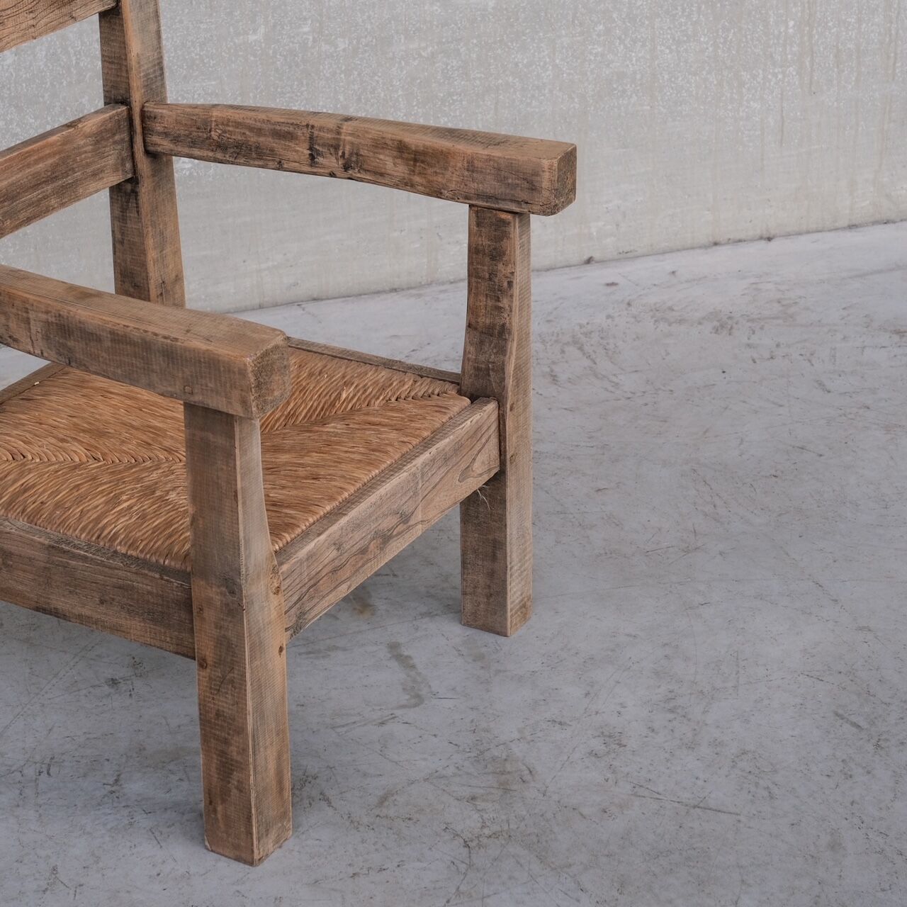 Pair of Mid-Century French Rush Primitive Oak Armchairs