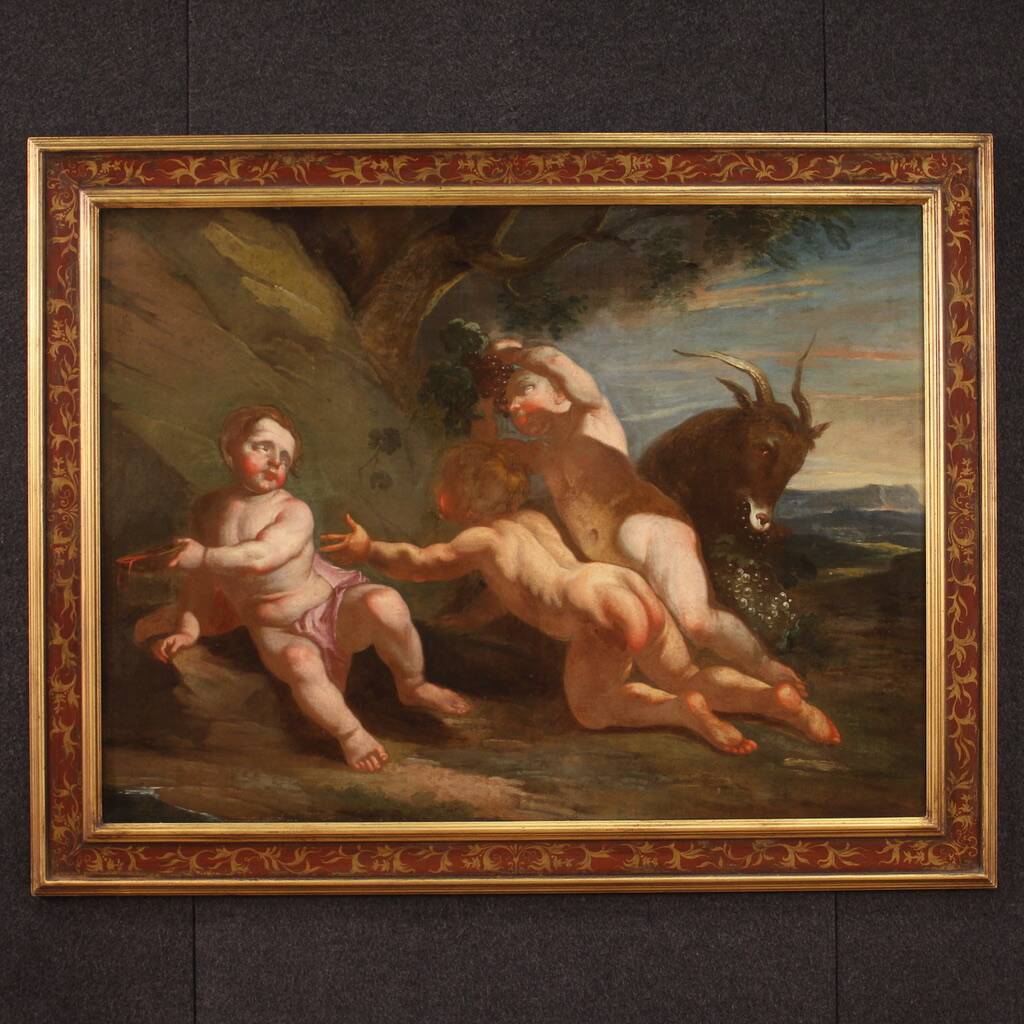 Antique Italian painting from the 17th century, bacchanal of cherubs