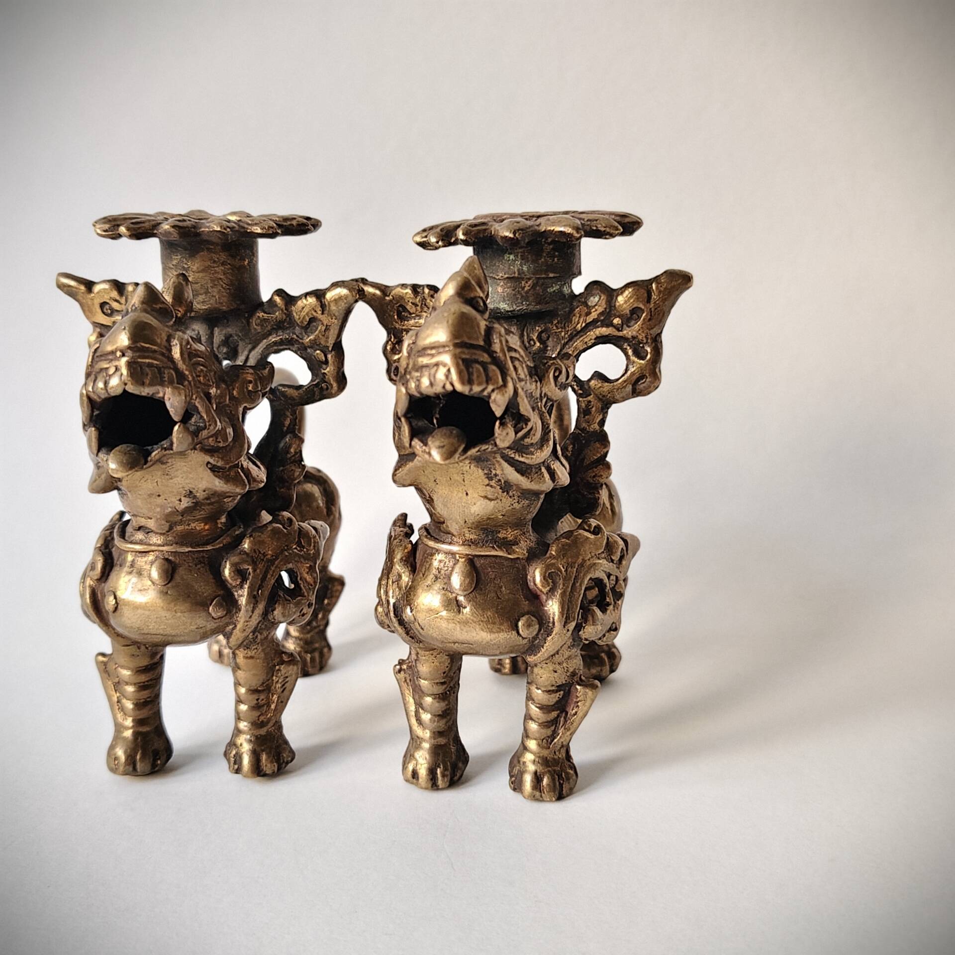 Pair of vintage brass candlesticks, Foo Dogs / Guardian Lions