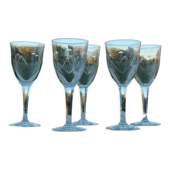 5 Crystal Cut Water Glasses Faceted leg Baccarat, Saint Louis ??