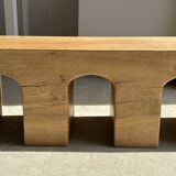 Solid monoxyl wood bench with carved 3-arch base - Natural wood color