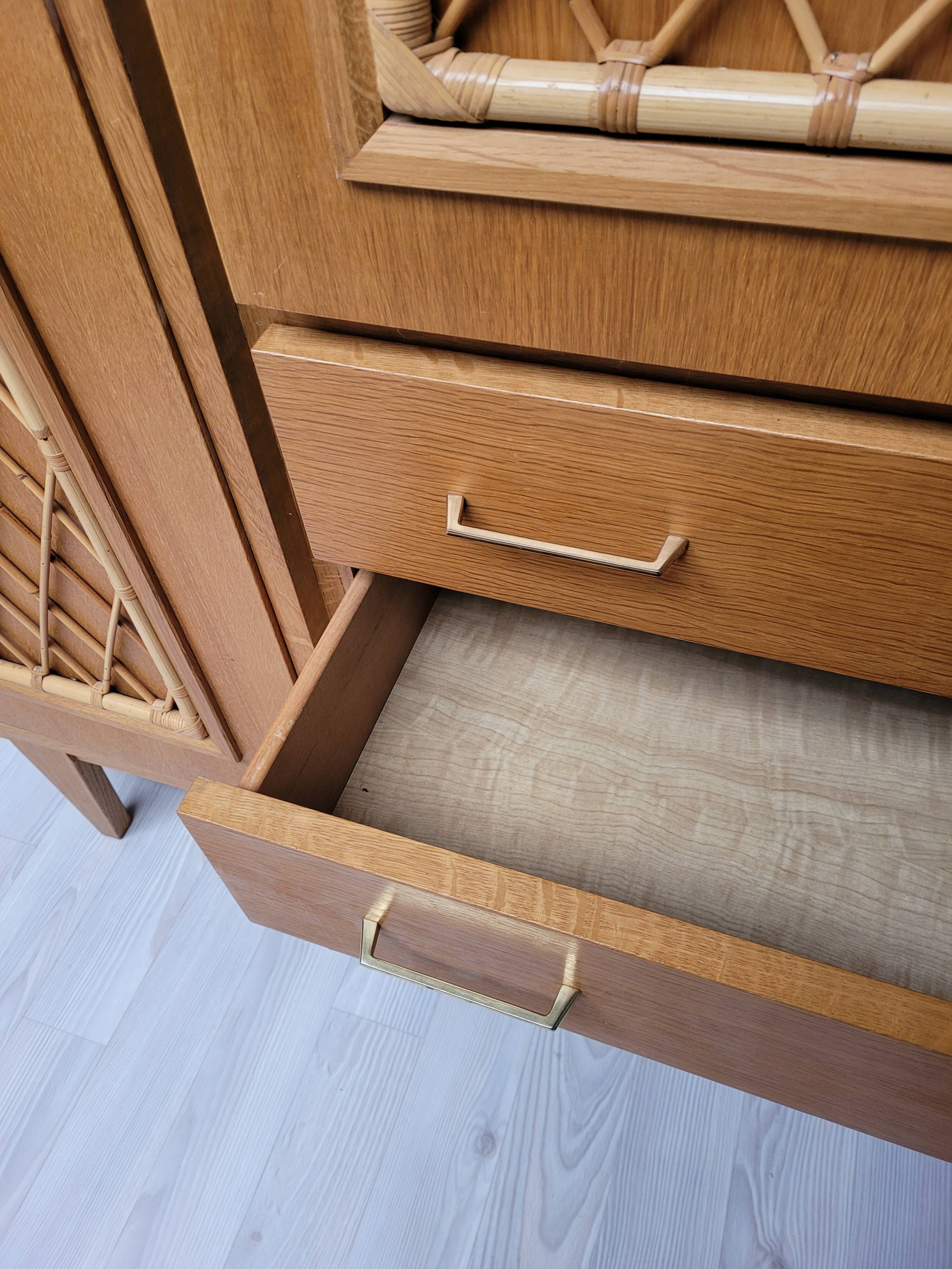 Wooden and rattan chest of drawers, 1960s