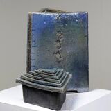 Large triangular raku box, handcrafted, signed, vintage 90s