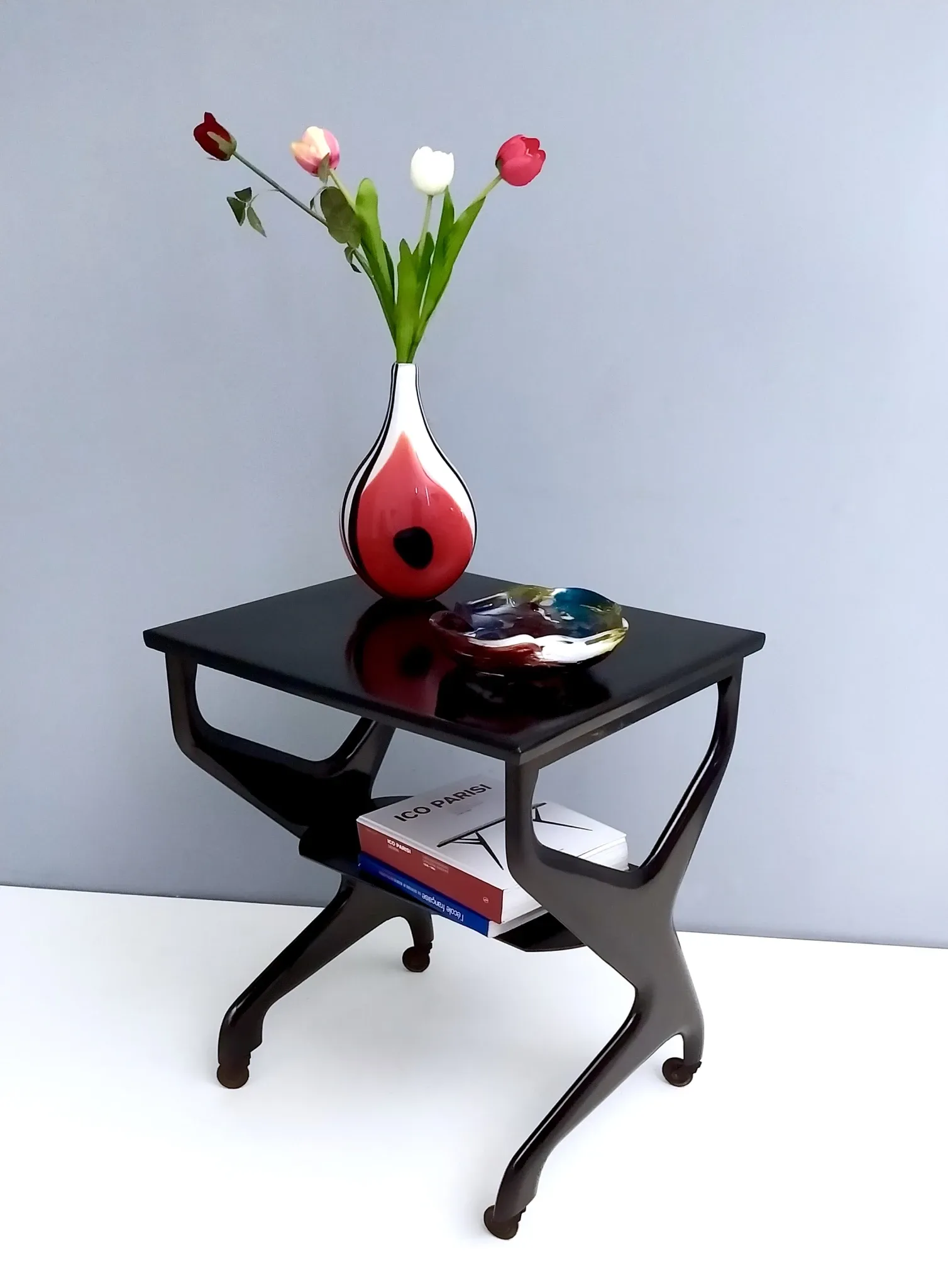 Vintage Black Ebonized Beech Serving Cart in the Style of Ico Parisi, Italy