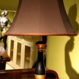 20th Century French Black Enamel Tole and Gilt Bronze Table Lamps with Silk Shade, Set of 2