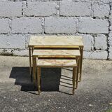 3 tables gigognes en laiton et marbre onyx, style vintage français - Tables de salon