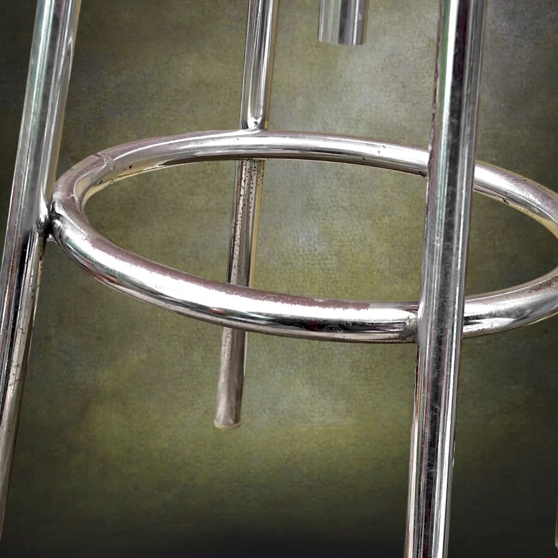 Adjustable industrial stool in chrome metal and beige leather – 1950s 60s