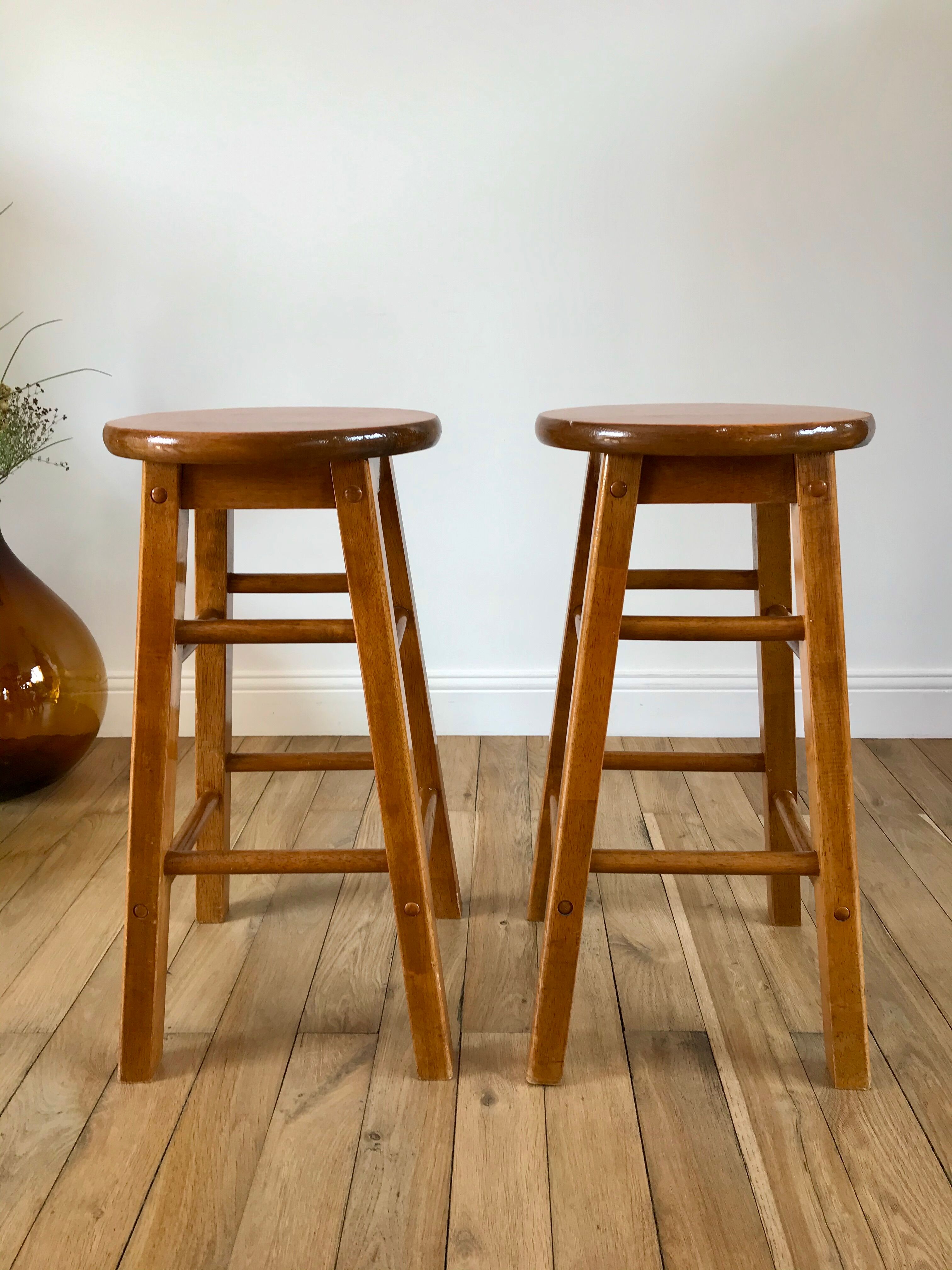 Pair of high stools / bar varnished wood 60-70s