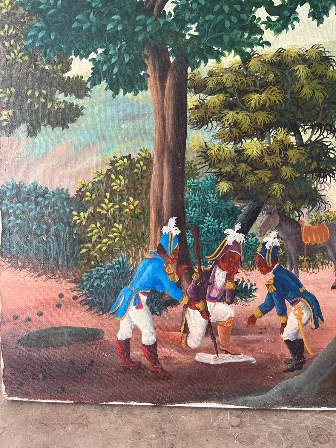 Soldiers and horses lost in the forest, signed
