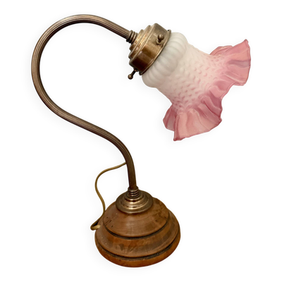 Lampe de table vintage en bois tourné et laiton avec tulipe en verre r
