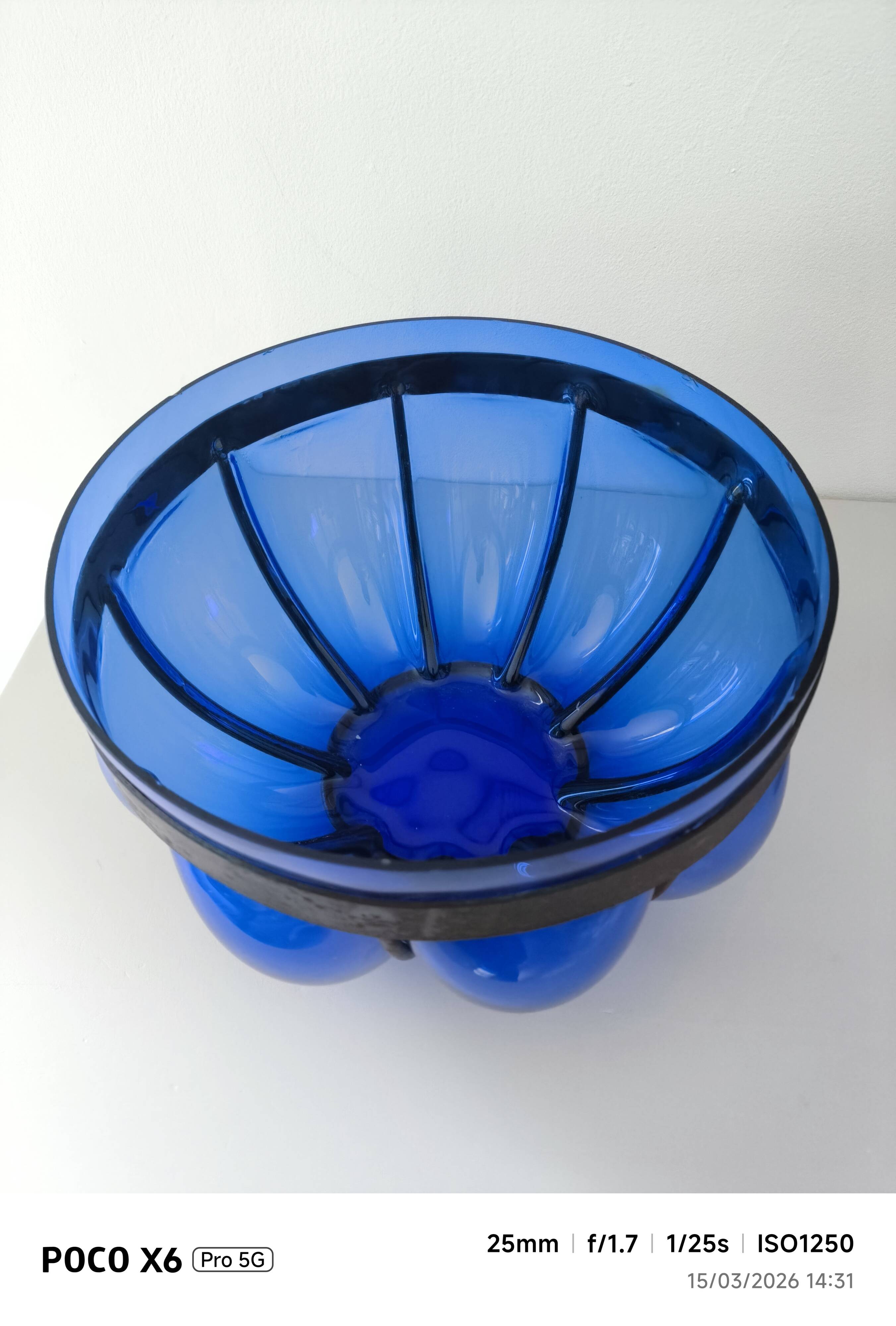 Superb vintage blown glass bowl in cobalt blue with its iron frame.