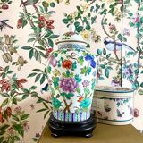 Chinese enamelled earthenware jar with wooden base