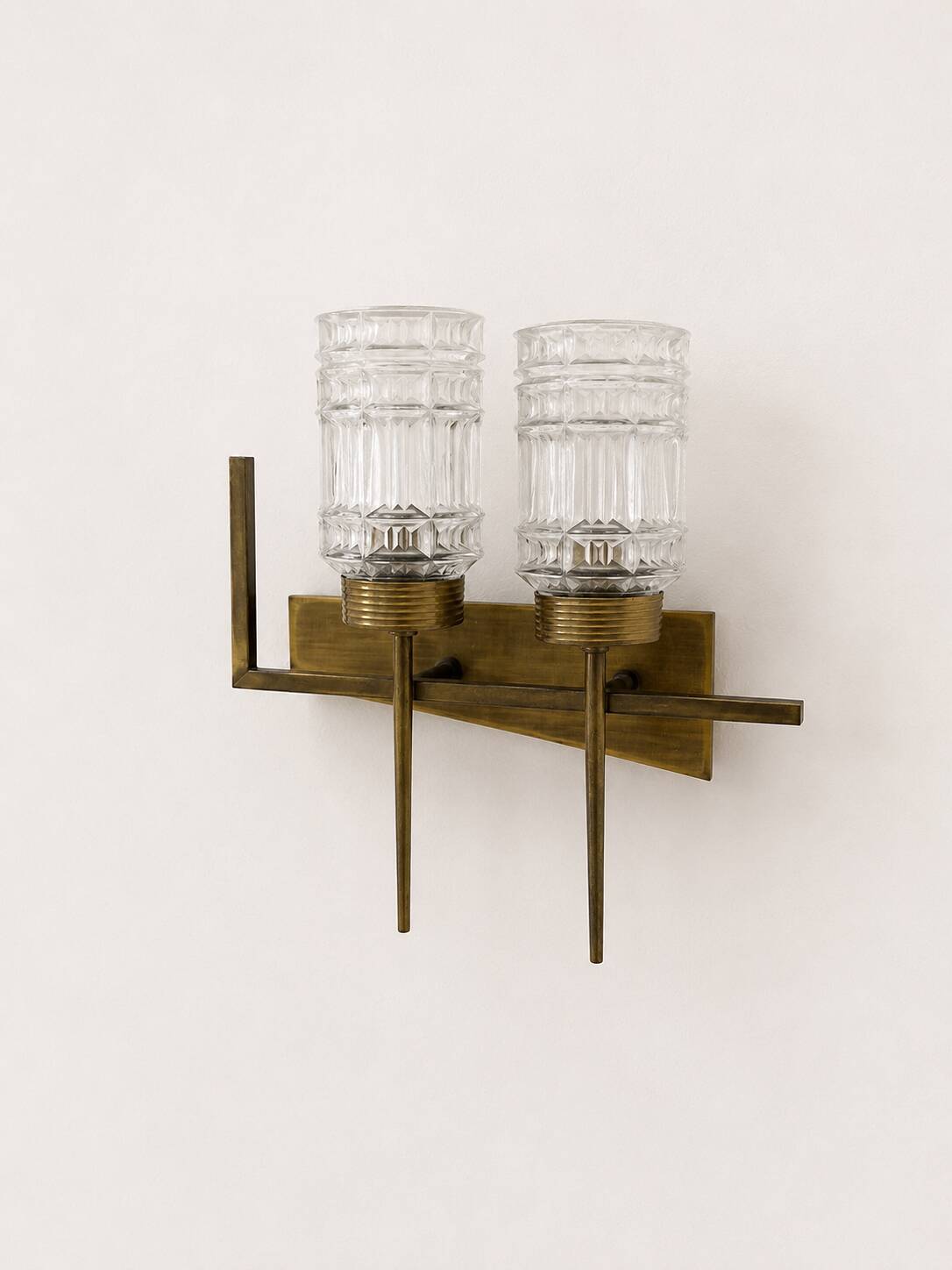 Pair of vintage brass and glass wall lights, France, 1950.