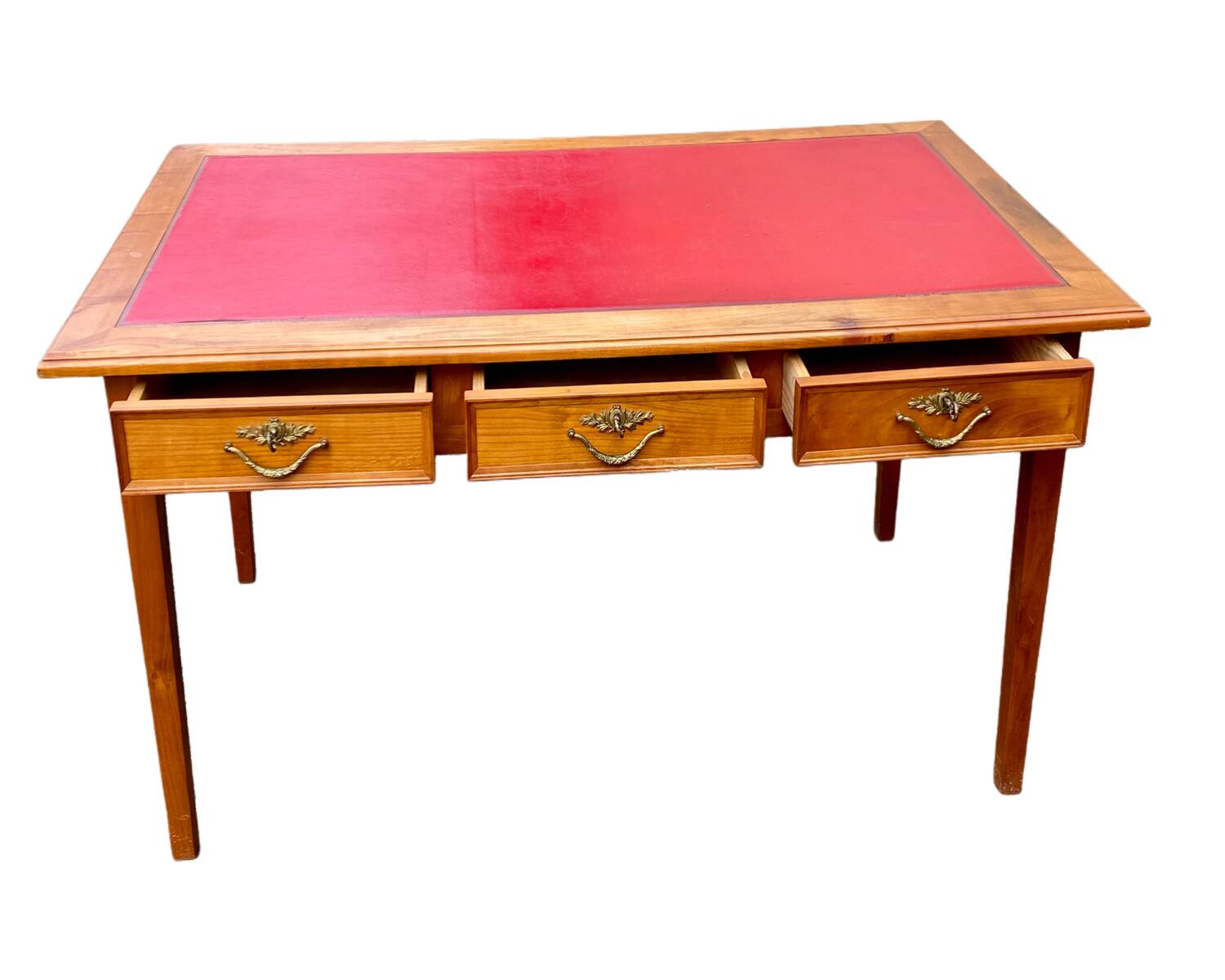 Bureau plat style Louis XVI réversible 6 tiroirs cuir rouge