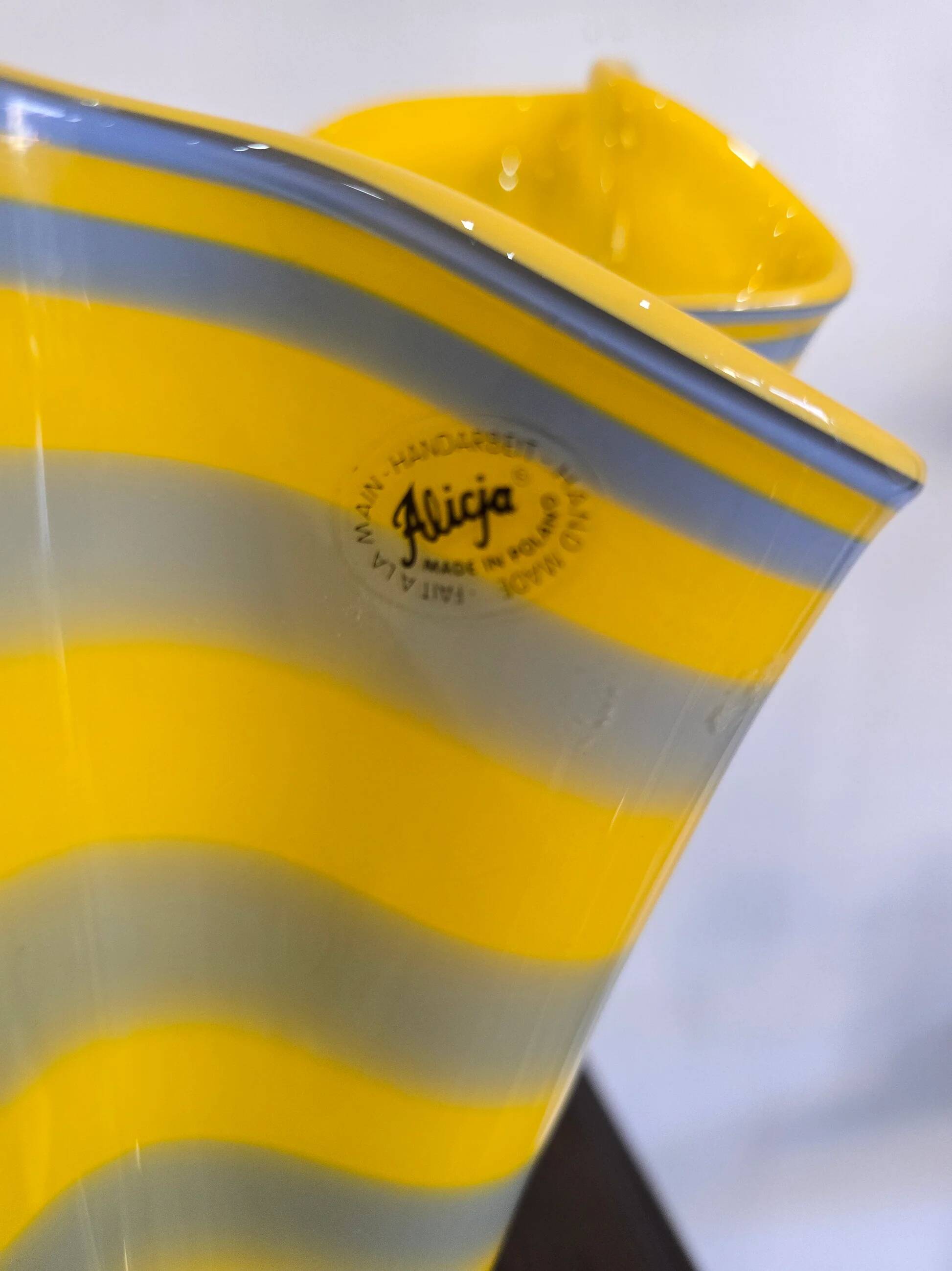 Alicja blown glass vase – Yellow and grey stripes – Free form – H.31 cm