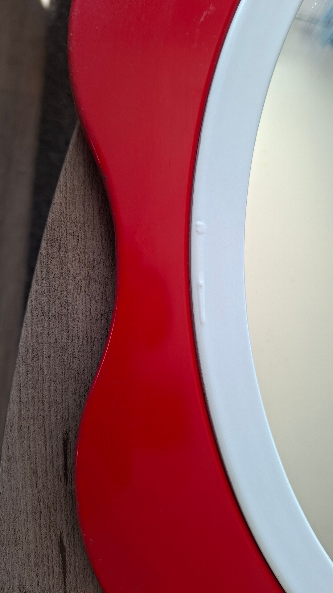 Round wall mirror 53 cm red/white vintage 1960s/70s