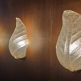 Murano, leaf sconces in worked transparent glass, 1940s
