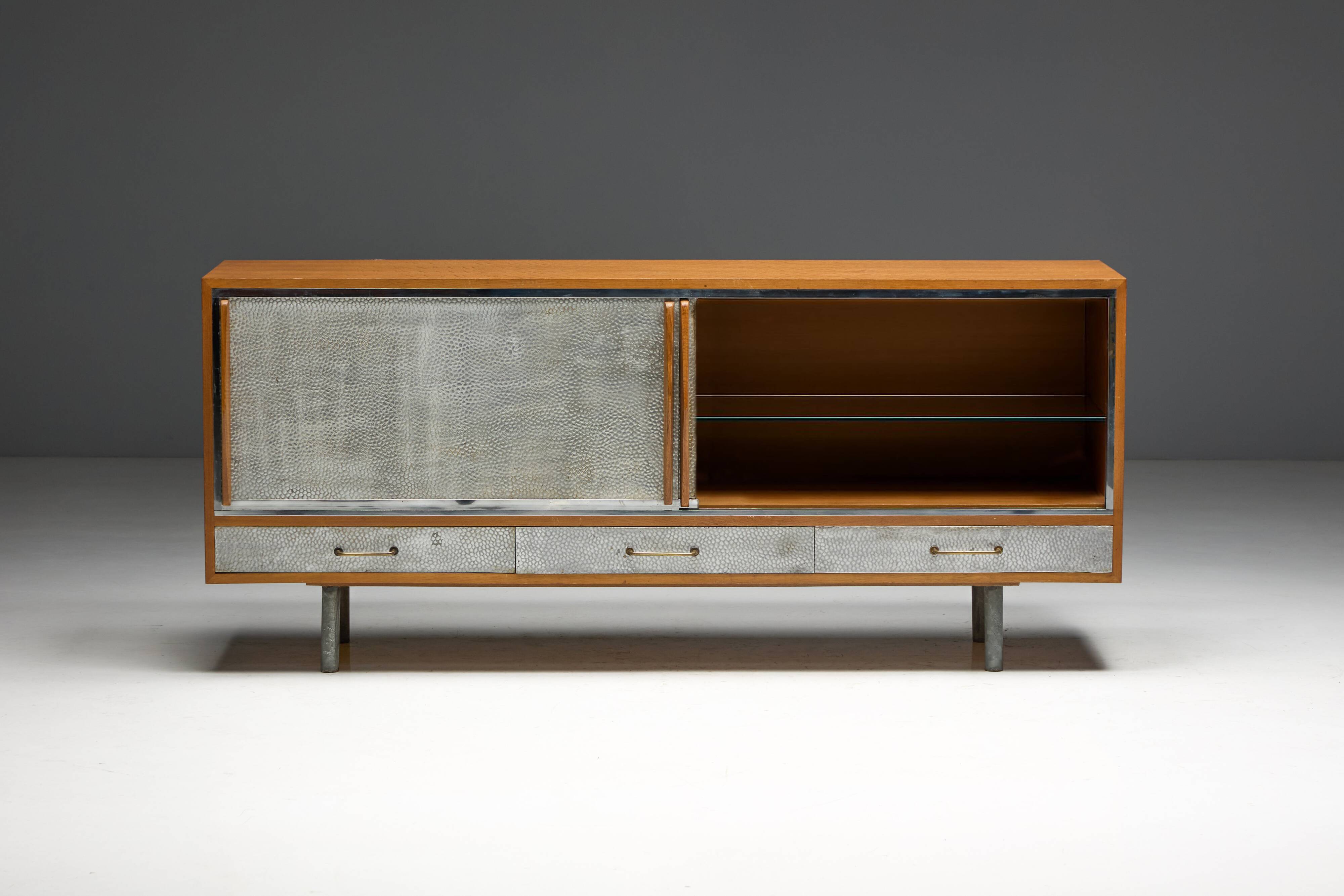 Mid-Century Modern Sideboard with Hammered Metal Façade, France, 1960s