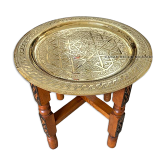 Moroccan brass table, brass tea table, engraved polished brass tray,