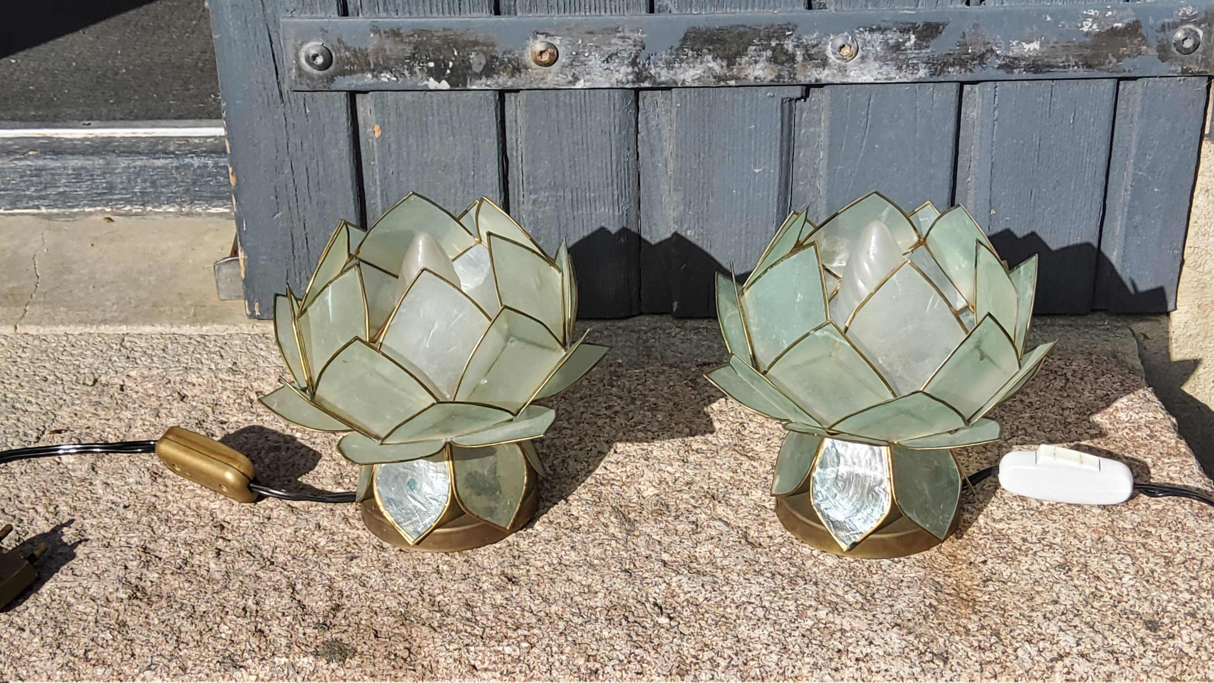 Pair of designer table lamps in turquoise blue green capiz mother-of-pearl from the 70s