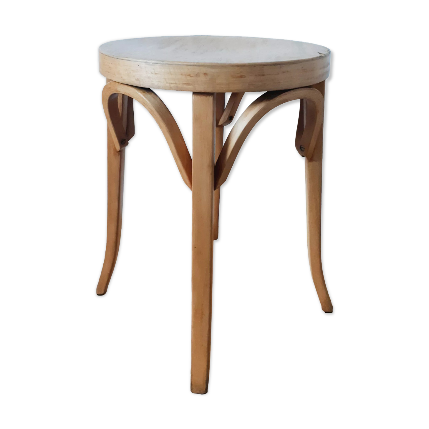 Vintage round kitchen stool, waxed bentwood, 50s, Baumann style