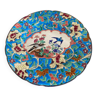 Assiette de décoration en Émaux De Longwy, décor de fleurs et d'oiseaux
