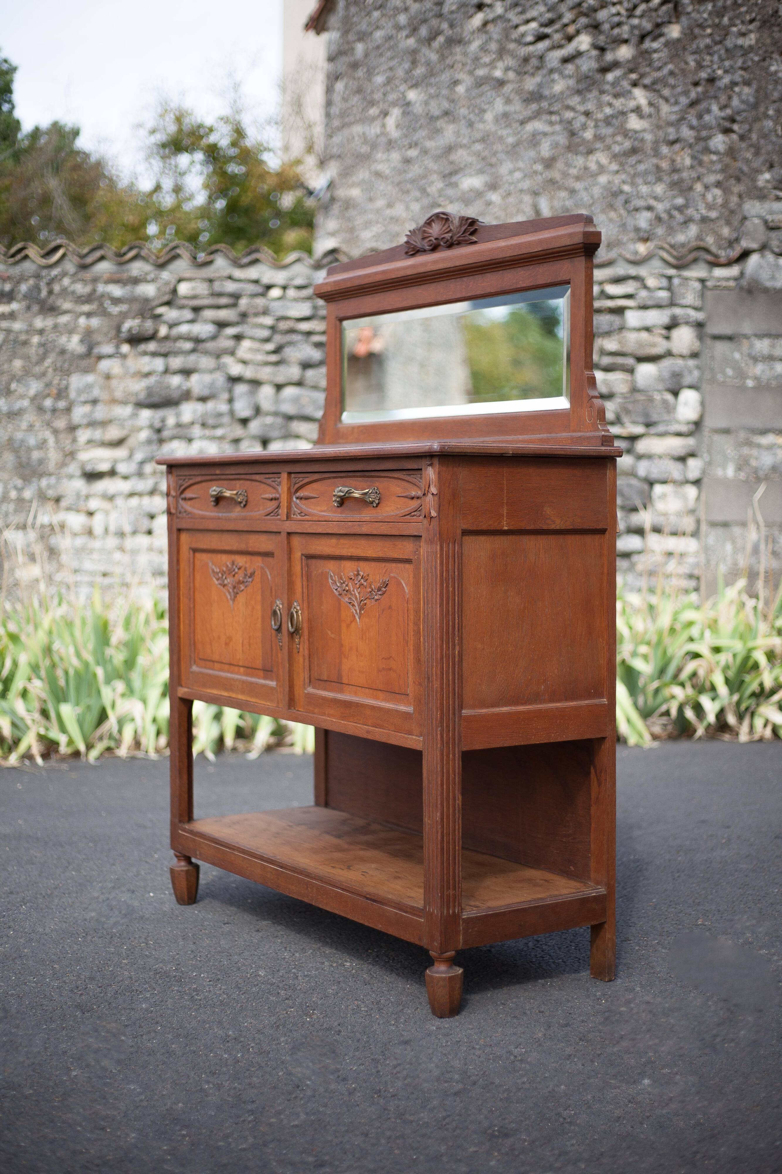 Buffet desserte bois vintage, meuble avec miroir, meuble de rangement