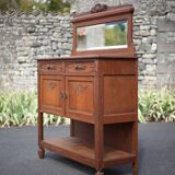 Vintage wooden serving sideboard, furniture with mirror, storage unit