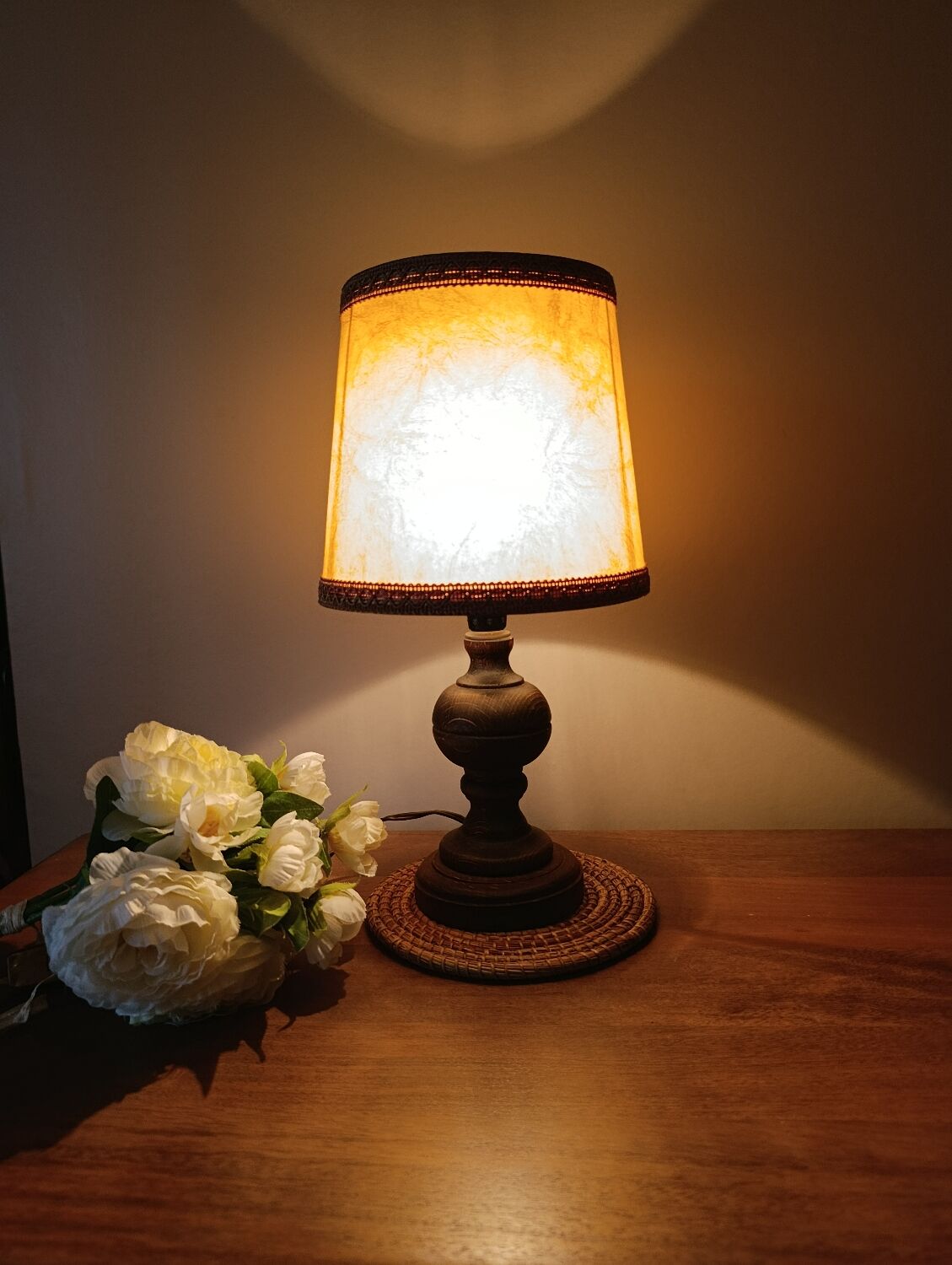rustic chic turned wooden bedside lamp, leather shade